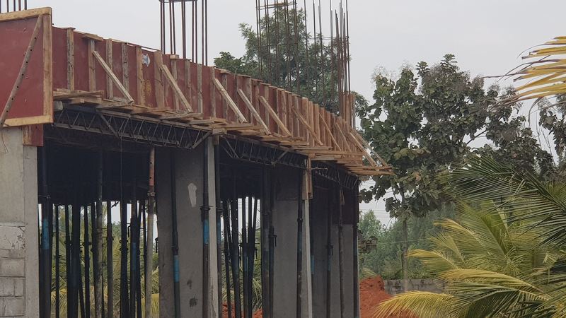 Formwork for the curved slab edge, propped above the ground-floor columns